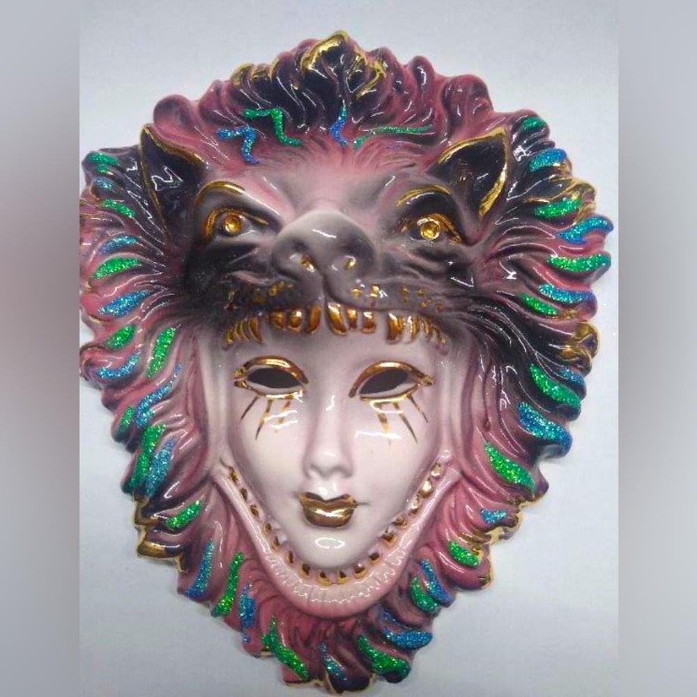 Marid Gras Feline Facemask 5”x 7” hand painted ceramic wall plaque.